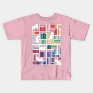 Rainbow bookshelf // blush pink background white shelf and library cats Kids T-Shirt